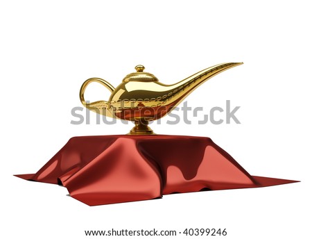 Aladdin magic lamp siting on a table cloth, isolated on white - 3d render