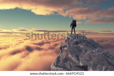 Similar – Image, Stock Photo Man admiring mountain landscape from wooden footbridge