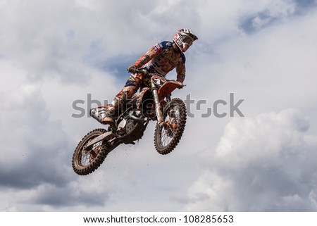 SEMIGORJE, RUSSIA - JULY 22: Unidentified rider at Grand Prix of Russia of FIM Motocross World Championship MX1 and MX2 Series on July 22, 2012 in Semigorje, Russia