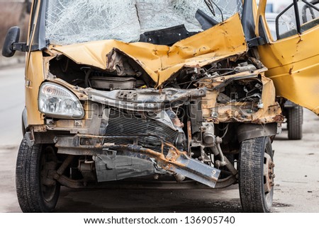 Road accident crash damaged car or wreck broken vehicle