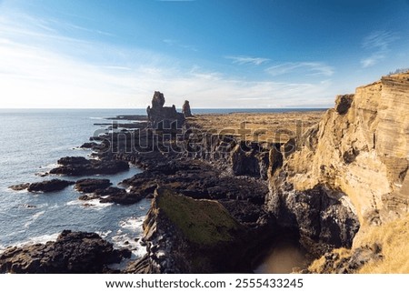 Similar – Image, Stock Photo Rock needle on the chalk cliffs of Etretat on a sunny day with turquoise sea water, Etretat, Normandy, France