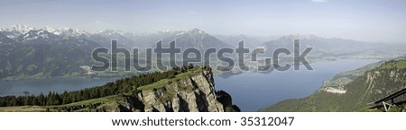 View of Lake Thun and Bernese Alps from Niederhorn, Niederhorn, Bernese Oberland, Switzerland