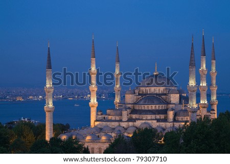 Illuminated Blue Mosque during the blue hour in HDR, Istanbul, Turkey