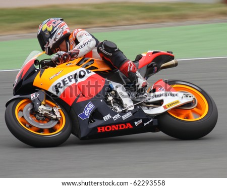 SACHSENRING, GERMANY - JULY 17: Italian rider Andrea Dovizioso breaks hard during practice at Eni German Motorcycle Grand Prix 2010 on July 17, 2010 in Sachsenring, Germany