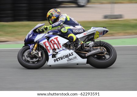 SACHSENRING, GERMANY - JULY 17: Italian rider Valentino Rossi breaks hard during practice at Eni German Motorcycle Grand Prix 2010 on July 17, 2010 in Sachsenring, Germany