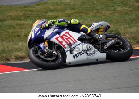 SACHSENRING, GERMANY - JULY 17: Italian rider Valentino Rossi pushes hard during practice at Eni German Motorcycle Grand Prix on July 17, 2010 in Sachsenring, Germany