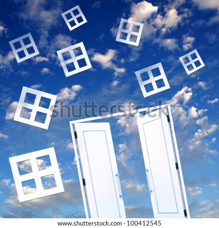 Picture of a white door against blue sky background