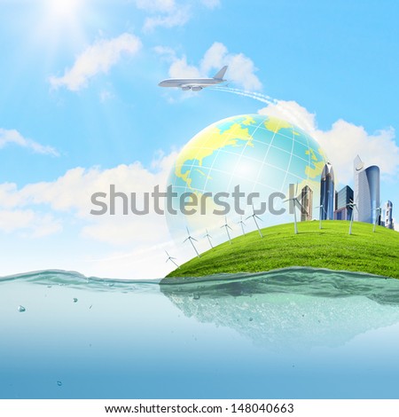 Image of earth planet floating in water. Global warming