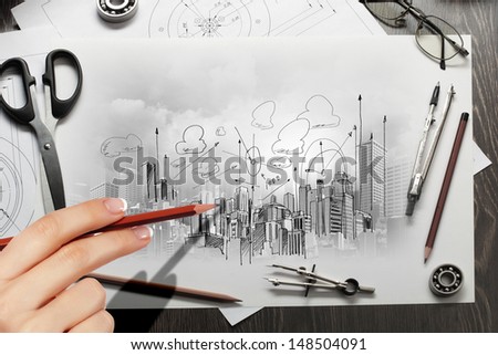 Architectural hand drawn project with set of tools