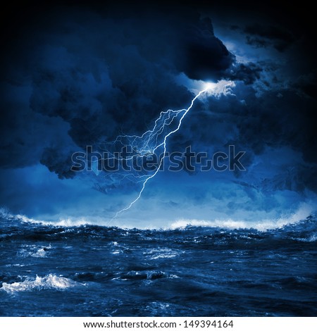 Image of night stormy sea with big waves and lightning 商業照片 © 