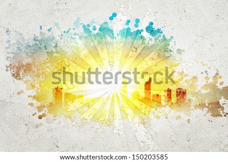 Abstract background image with sun rays and city illustration