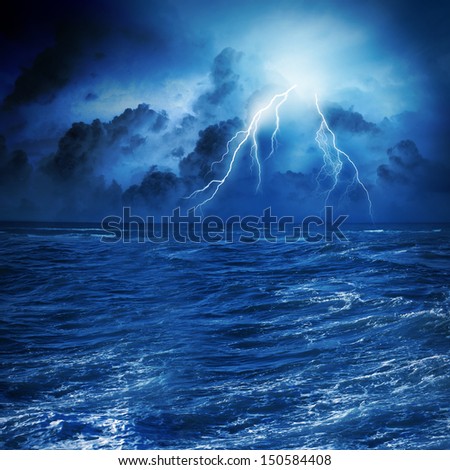 Image of night stormy sea with big waves and lightning