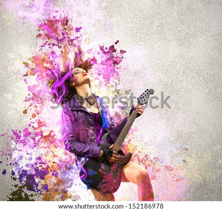 Rock passionate girl with black wings and color background
