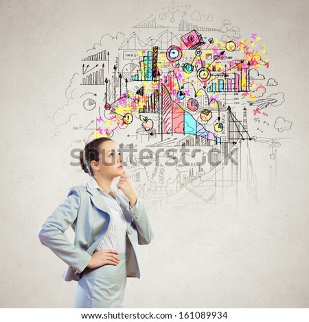 Image of thoughtful businesswoman with business sketch at background