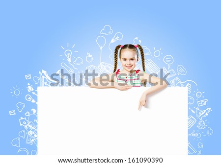 Image of cute girl with blank white banner. Place for text