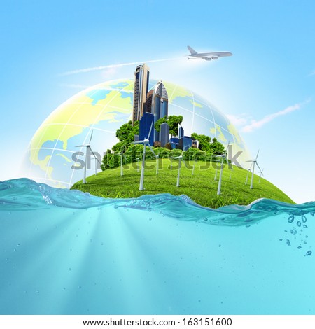 Image of earth planet floating in water. Global warming