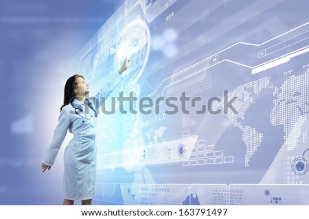 Image of young woman doctor touching icon of media screen