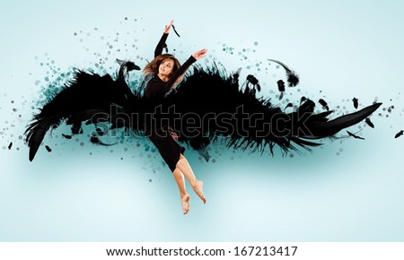 Woman floating in a dance on dark wings. Collage.