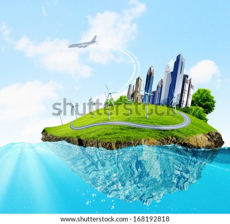 City on island floating in water. Global warming