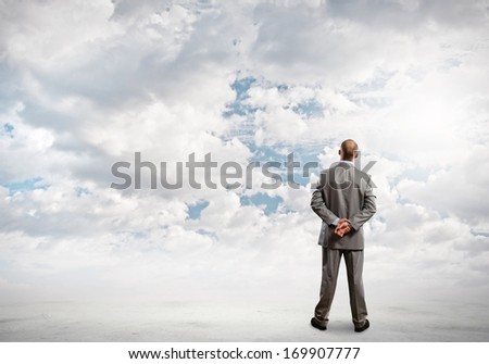 Back view of confident businessman looking in clear sky