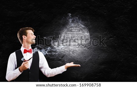 Conceptual image of young handsome man smoking pipe