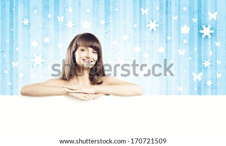 Naked attractive girl with white blank banner