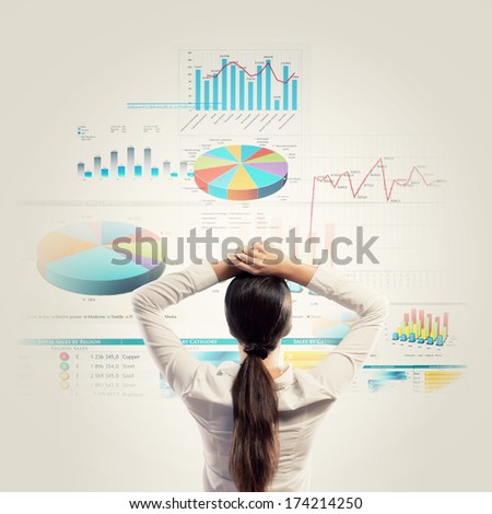 Back view of businesswoman looking at diagram illustration