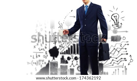 Businessman holding suitcase against sketch background. Business travel
