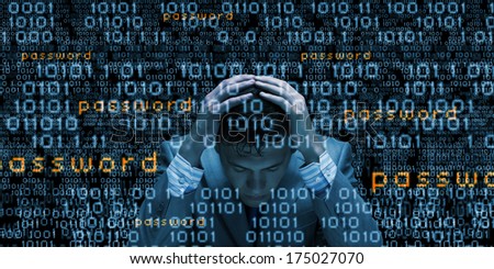 Conceptual image of troubled man against media screen with binary code