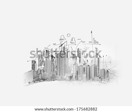 Background image with model sketch of modern city