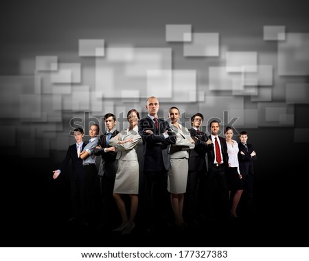 Image of business team standing in line. Cooperation and interaction