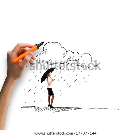 Businesswoman with umbrella under hand drawn rain