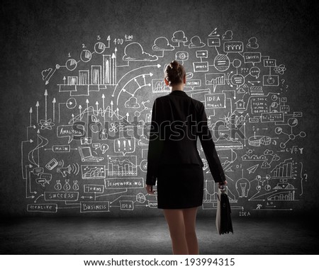Rear view of businesswoman looking at business sketches on wall