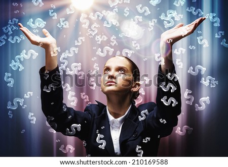 Young crying businesswoman praying on dollar symbol