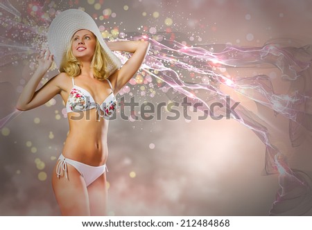 Young pretty blonde woman in hat and bikini