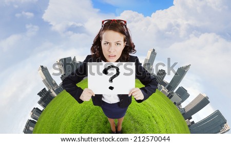 Top view of troubled businesswoman holding white banner