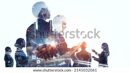 Photo of Group of business people outlines with lit background . Mixed media