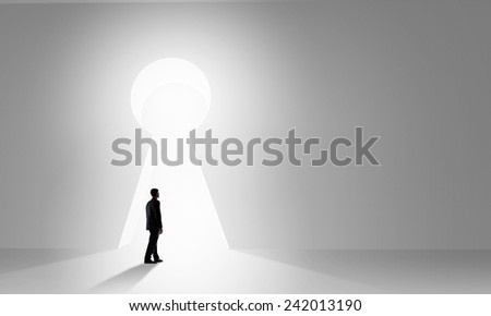 Back view of businessman standing in keyhole doorway