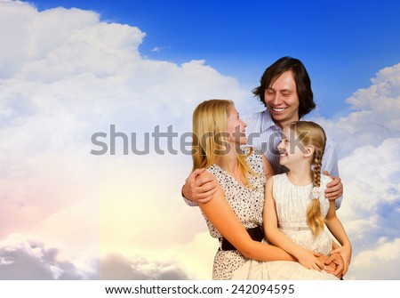 Happy family of mother father and daughter sitting on cloud