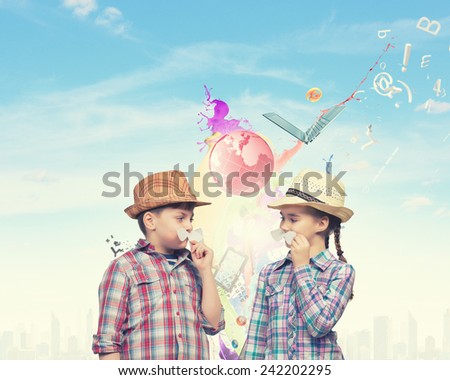 Cute girl and boy wearing shirt hat and mustache