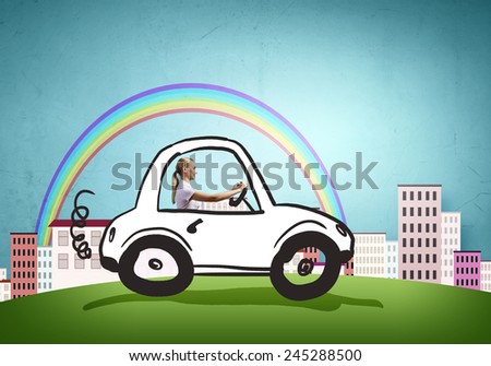 Young girl driving drawn little funny car