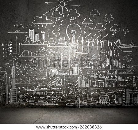 Background conceptual image with business sketches on wall