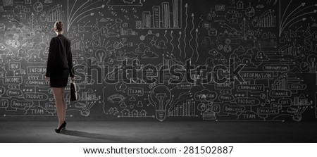 Rear view of businesswoman looking at business sketch on wall