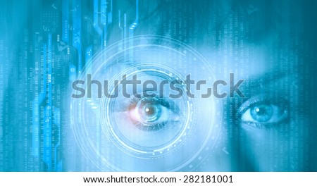 Close up of female digital eye with security scanning concept