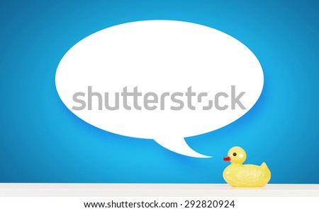 Rubber yellow duck with speech bubble on color background