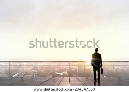 Back view of businessman standing on roof looking at city