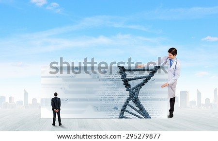 Young doctor with white banner presenting molecule research