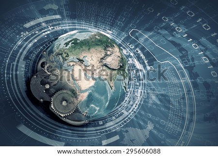 Conceptual image with Earth planet made of gears. Elements of this image are furnished by NASA