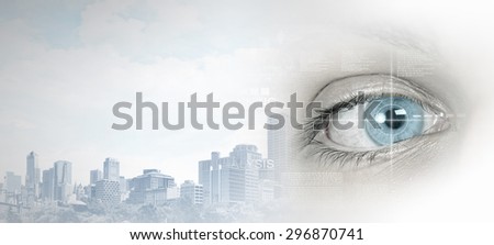 Bird eye view of modern city with human female eye