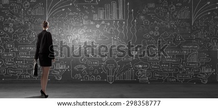 Rear view of businesswoman looking at chalk business sketches on wall